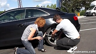 Horny old bitch Amanda stalled car premise fuck on GrandMams.com